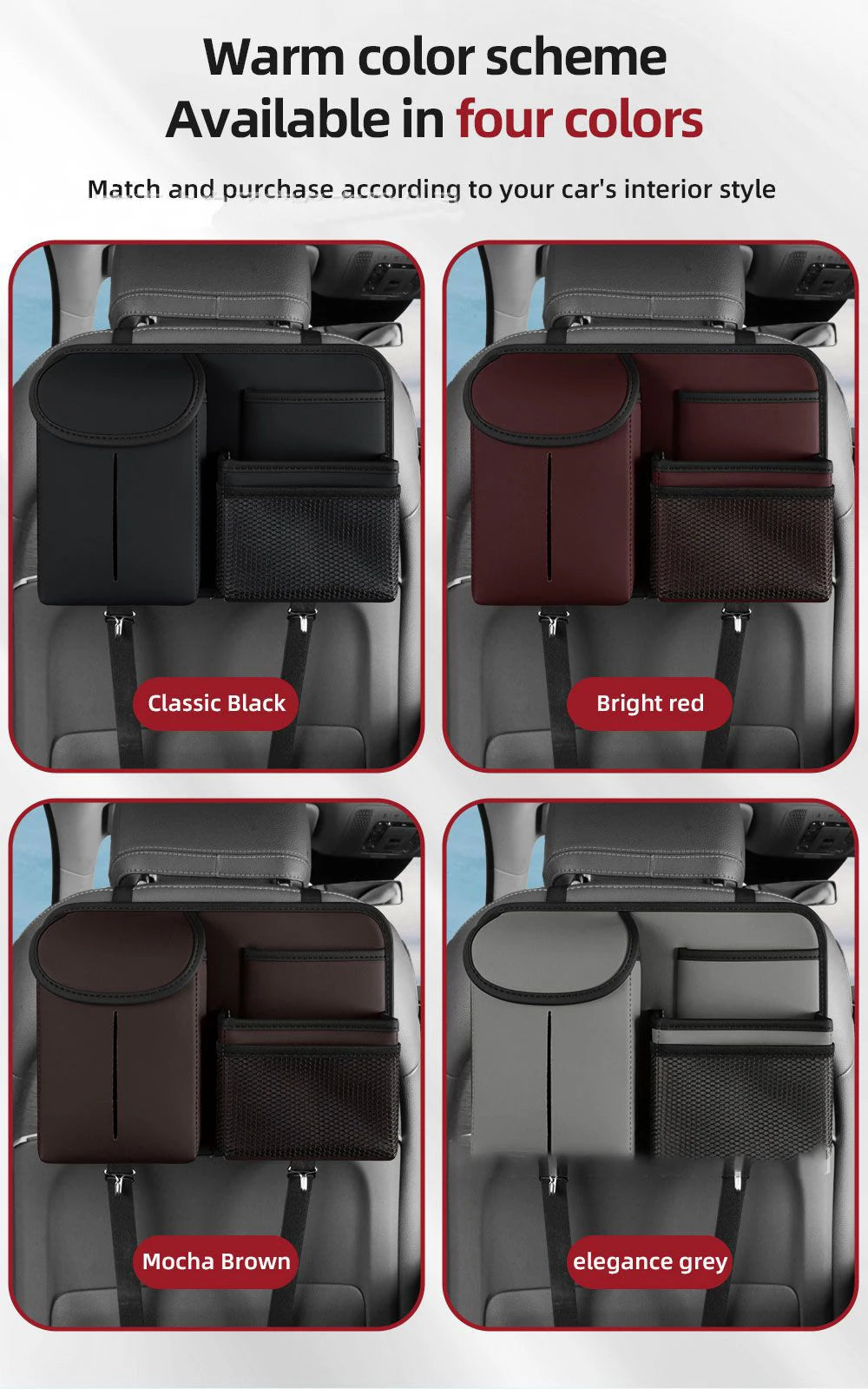 Car Seat Storage Bag - Multi Hanging Pocket Trunk Bag with Hook - Delicate Leather