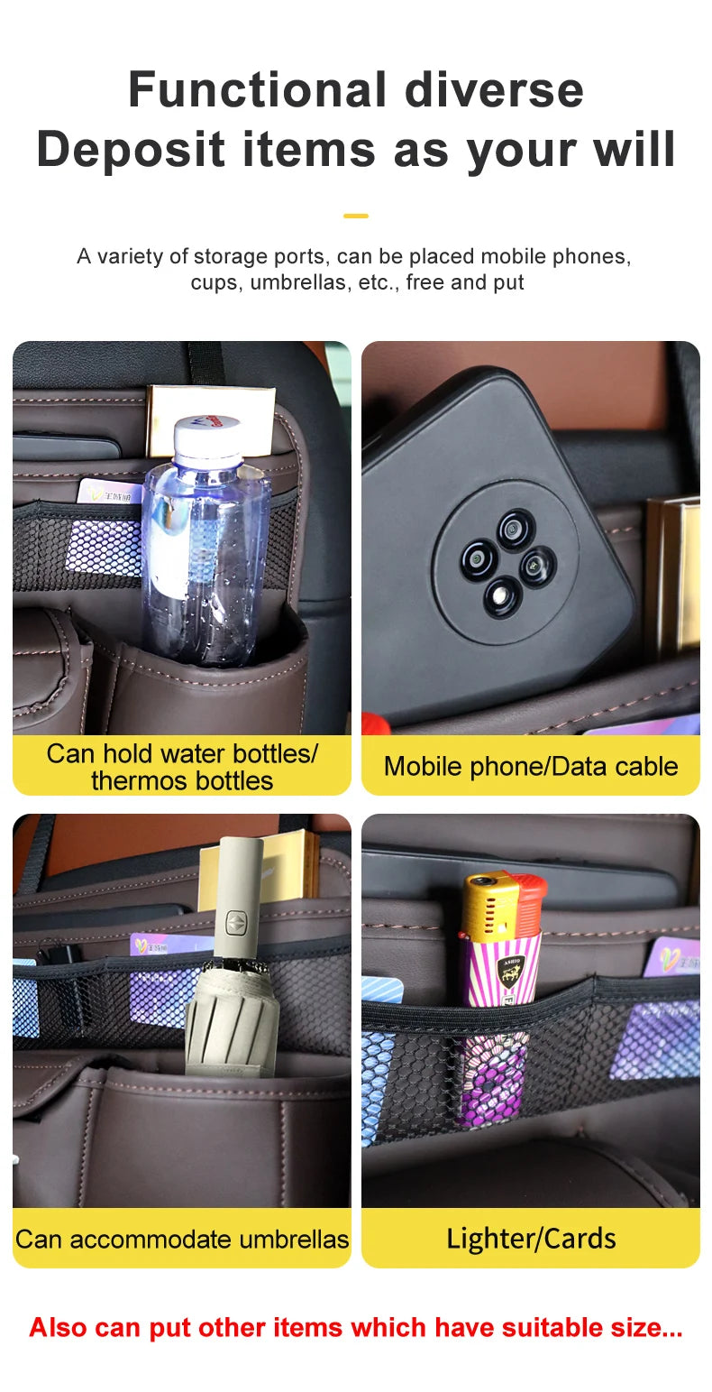 PU Leather Car Seat Back Organizer - Multifunctional Large Capacity Storage Bag with Tissue Holder and Auto Accessories - Delicate Leather