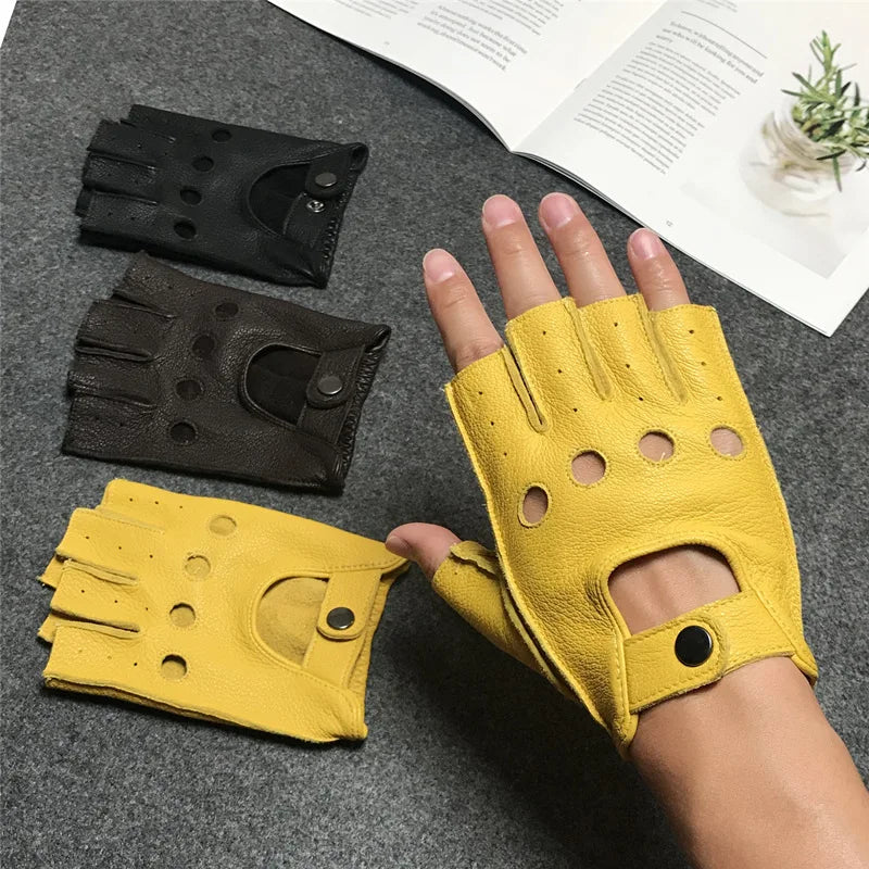 Leather Half Finger Gloves - Men's Fitness, Thin Sports, Non-slip Driving, Motorcycle, Bike, Goatskin Gloves - Delicate Leather