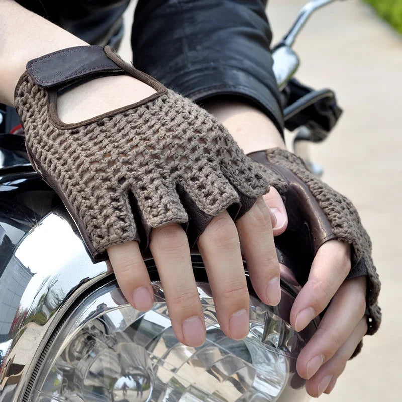 Mesh Half Finger Leather Gloves - Motorcycle Riding, Handguard, Non-slip, Breathable Driving Gloves Accessories - Delicate Leather
