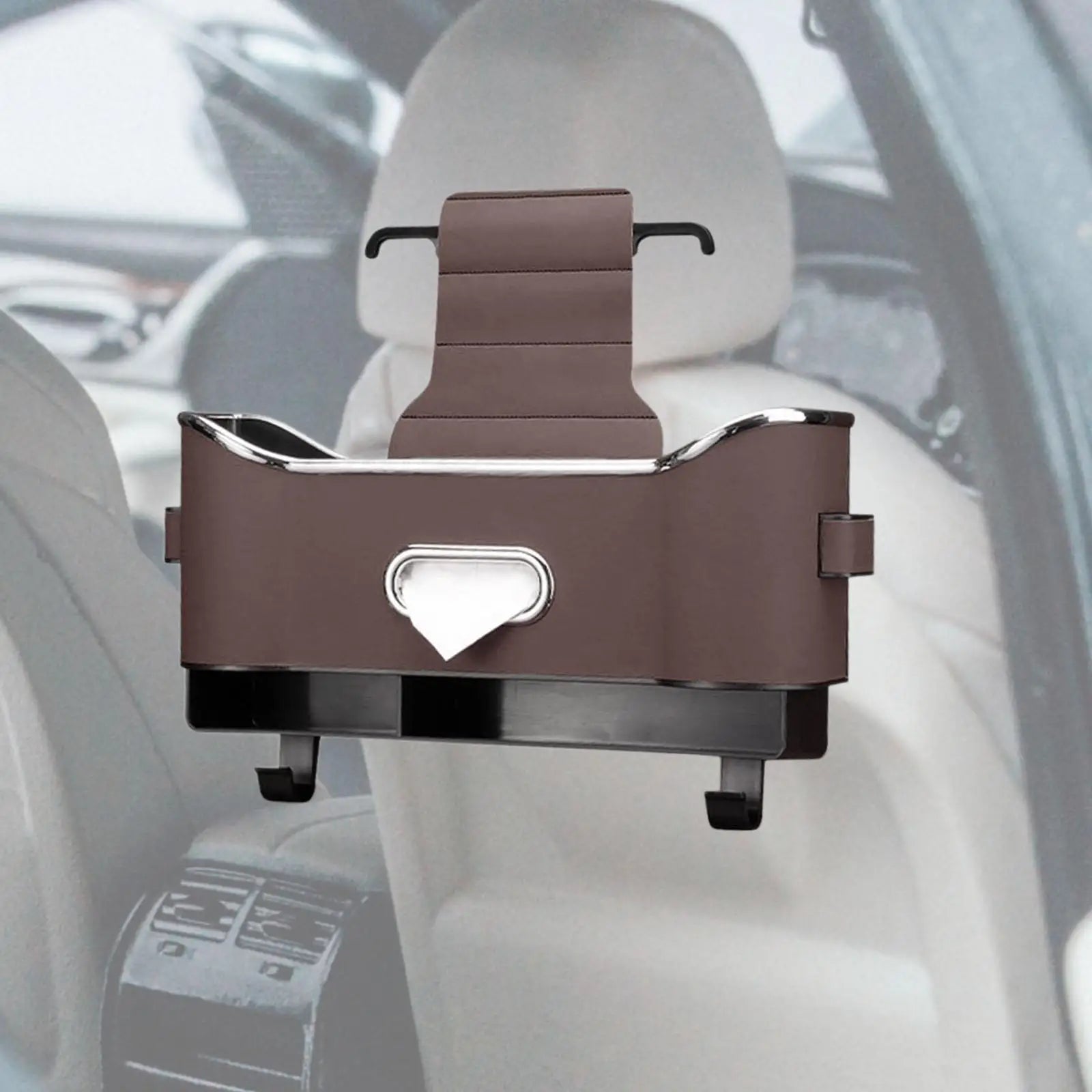 Premium PU Leather Car Headrest Backseat Organizer with Drink Cup Holder and Storage Box - 1 PCS - Delicate Leather