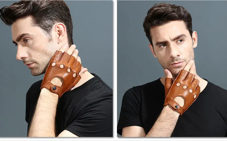 Leather Half Finger Gloves - Men's Fitness, Thin Sports, Non-slip Driving, Motorcycle, Bike, Goatskin Gloves - Delicate Leather