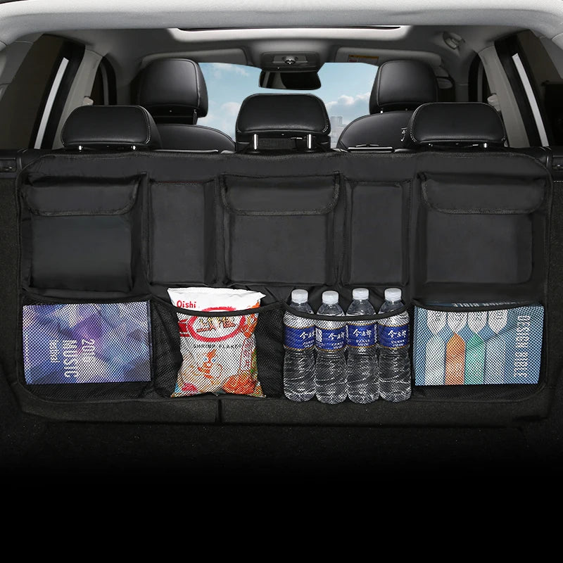 Large Upgrade Auto Storage Organizer - Universal Large Capacity Backseat Storage Bag with Trunk Cargo Mesh Holder Pocket - Delicate Leather