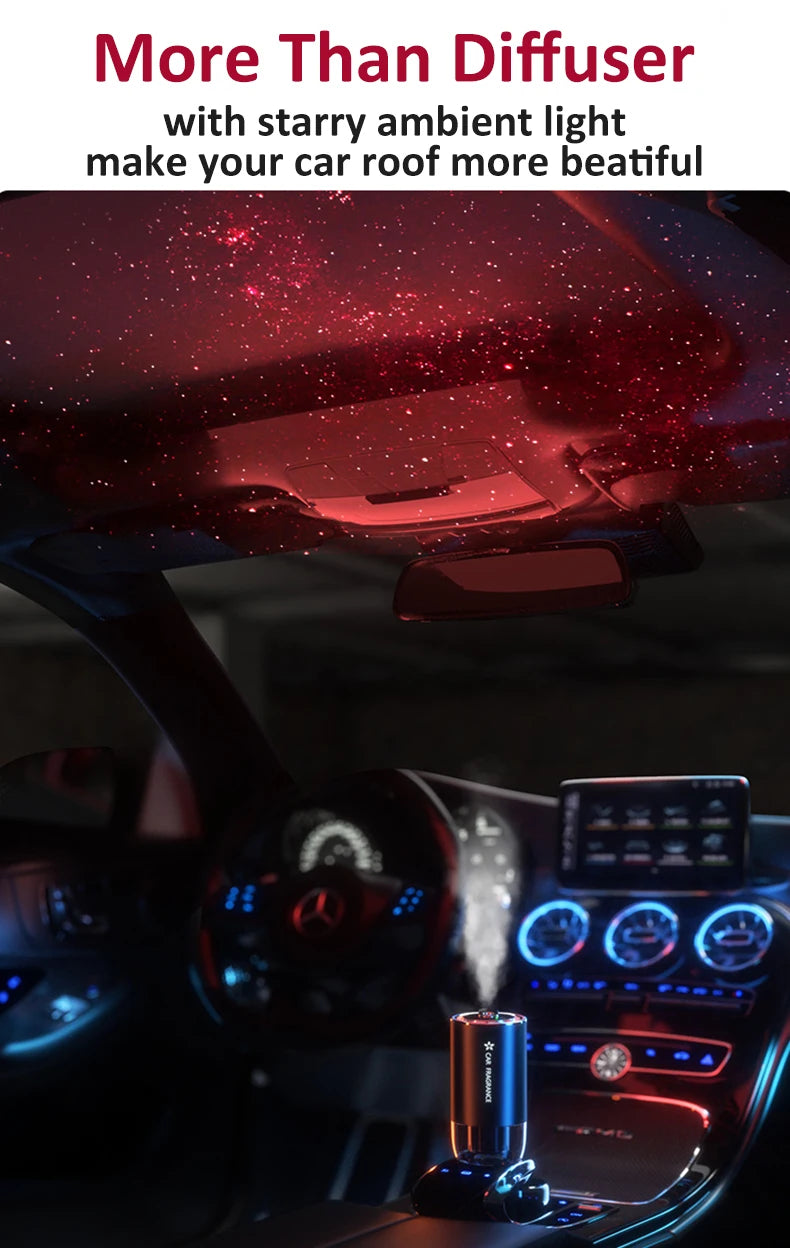 Car Aroma Diffuser with LED Starry Ambient Light - 50ml Cologne Perfume Air Freshener - Delicate Leather