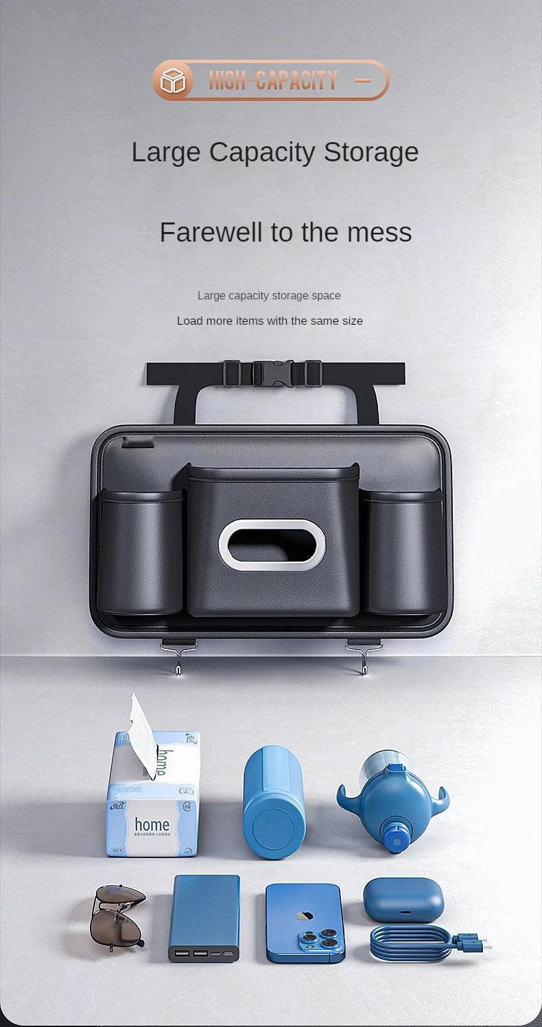 Luxury Leather Car Backseat Organizer with Cup Holder, Tissue Box, Seat Back Hook Hanger, Bottle Holder, and Paper Napkin Storage Bag - Universal Fit for Vehicle Headrests - Delicate Leather
