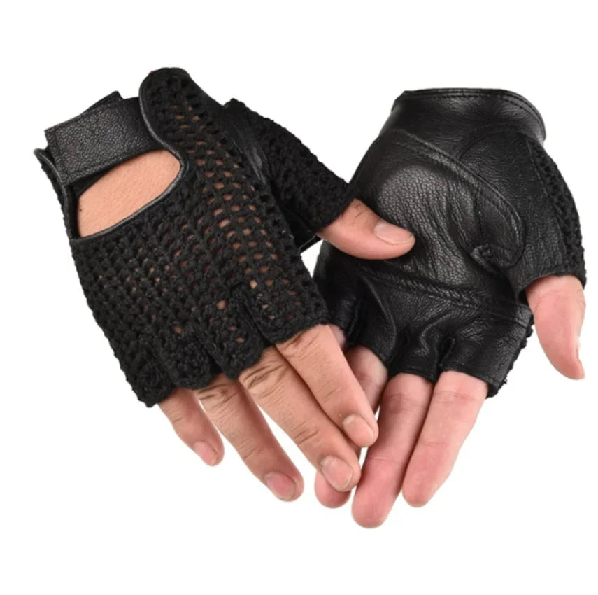 Leather Mesh Fingerless Gloves - Motocross, Fishnet, Car Driving, Tactical, Motorcycle Accessories, Work, Cycling Men's Gloves