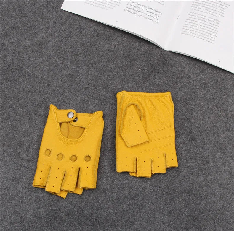 Leather Half Finger Gloves - Men's Fitness, Thin Sports, Non-slip Driving, Motorcycle, Bike, Goatskin Gloves - Delicate Leather