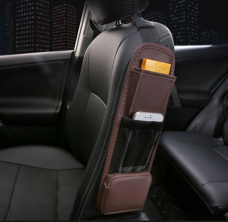 PU Leather Car Seat Side Organizer Bag - Auto Interior Mesh Storage Holder for Cup, Drink, Phone, and More - Delicate Leather