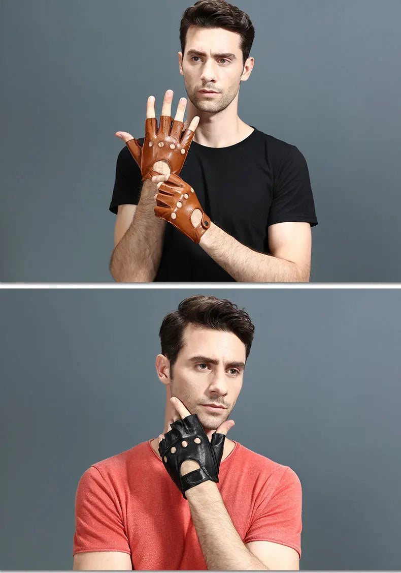Leather Half Finger Gloves - Men's Fitness, Thin Sports, Non-slip Driving, Motorcycle, Bike, Goatskin Gloves - Delicate Leather
