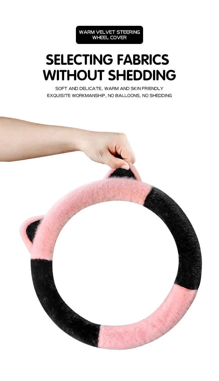 Winter Plush Soft Short Hair Car Steering Wheel Cover - High Density Cute Decoration Steering Wheel Anti Slip Protection Cover - Delicate Leather