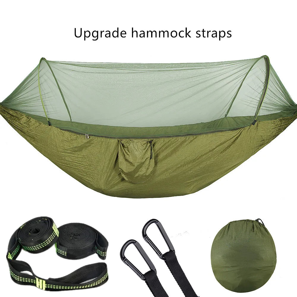 Premium Lightweight Camping Hammock with Integrated Pop-Up Mosquito Net: Durable Parachute Material, Portable Outdoor Swing Sleeping Hammock for Campers - Delicate Leather