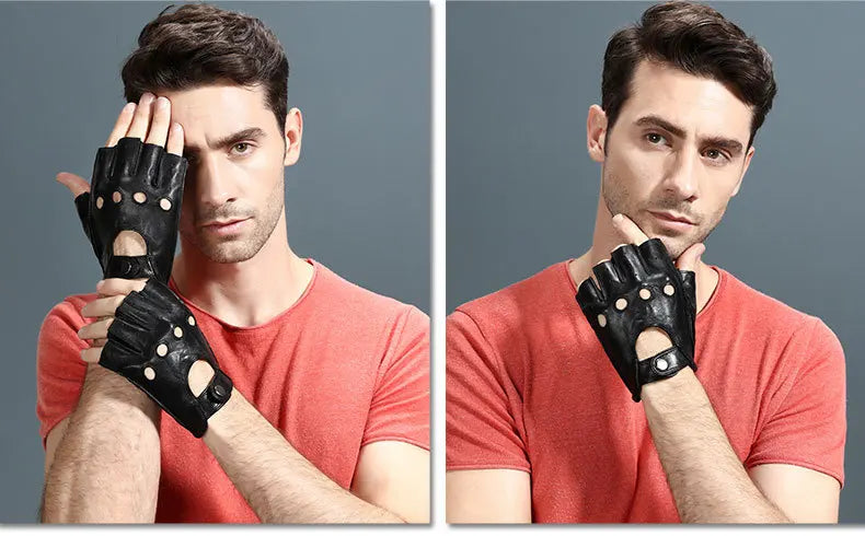 Leather Half Finger Gloves - Men's Fitness, Thin Sports, Non-slip Driving, Motorcycle, Bike, Goatskin Gloves - Delicate Leather