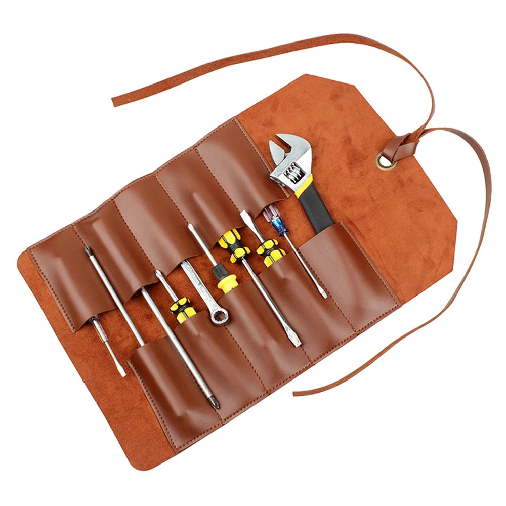 Genuine Leather Roll-Up Tool Bag - Portable Foldable Pouch for Wrench, Spanner, Hammer, and Camping Tools - Delicate Leather