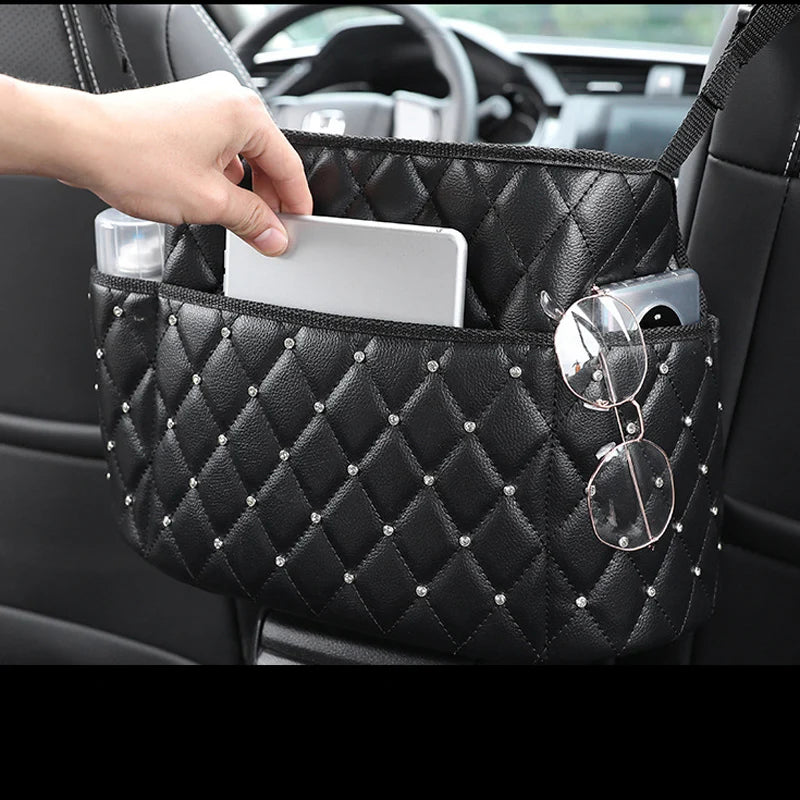 Crystal Rhinestone PU Leather Car Storage Bag Organizer - Delicate Leather