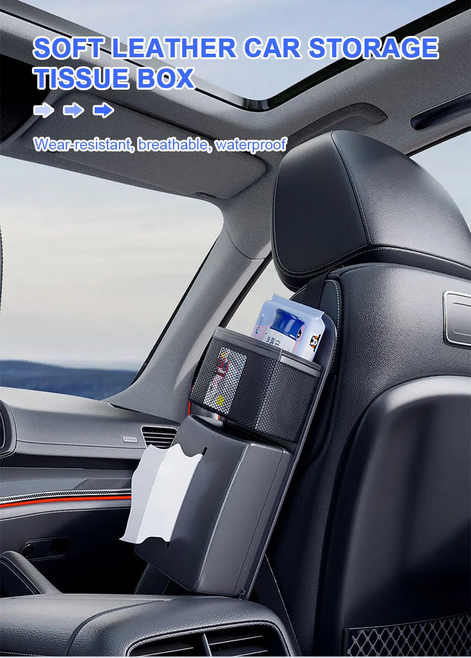 Leather Car Seat Side Storage Bag - Multifunctional Zipper Storage Bag with Mesh Pocket and Tissue Case for Car Accessories - 1 PCS - Delicate Leather