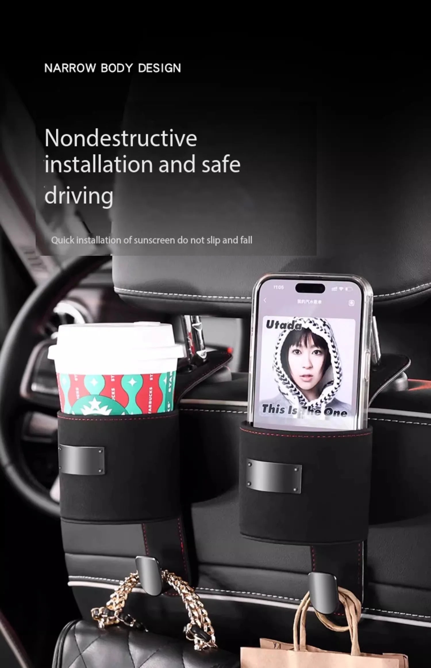 Car Hook Storage Box - Seat Back Milk Bottle and Beverage Cup Holder - Delicate Leather