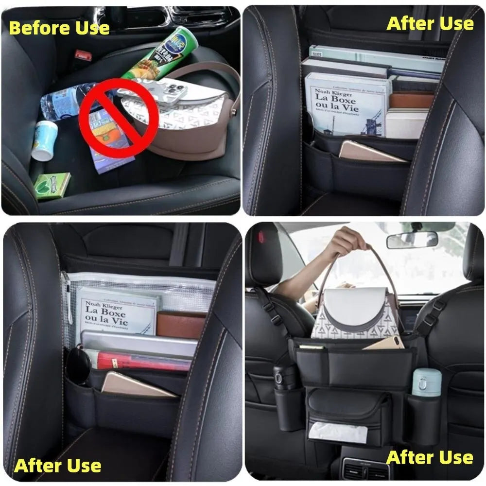 Car Seat Middle Hanger Storage Bag - Auto Handbag Holder Between Seats with Tissue and Water Cup Pockets - Interior Stowing and Tidying Solution - Delicate Leather