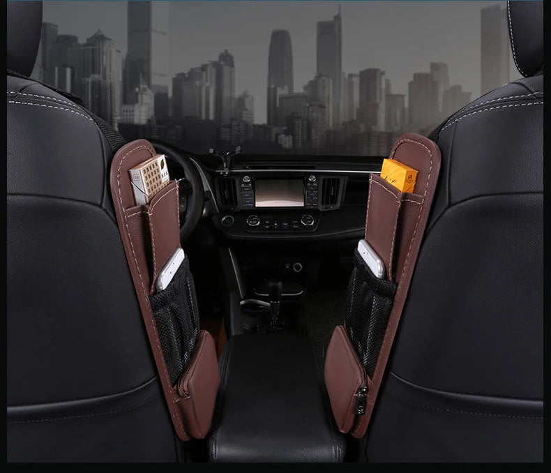 PU Leather Car Seat Side Organizer Bag - Auto Interior Mesh Storage Holder for Cup, Drink, Phone, and More - Delicate Leather