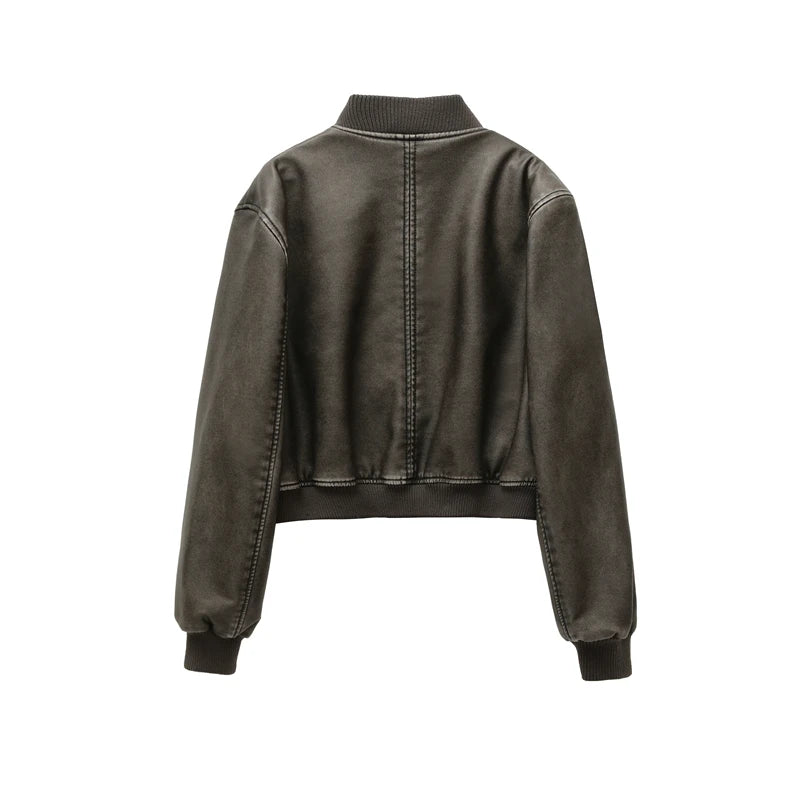 Women's 2024 New Vintage Imitation Leather Bomber Jacket Coat - Women's Style