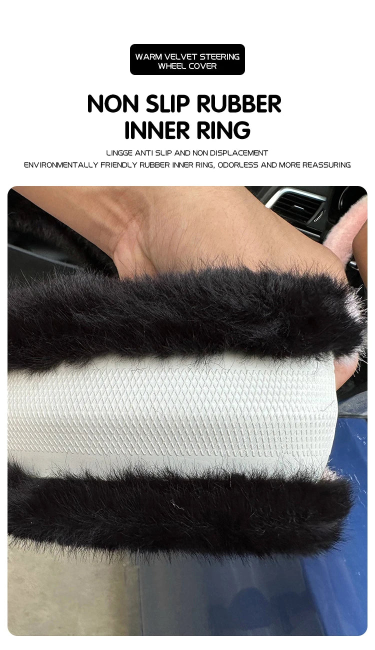 Winter Plush Soft Short Hair Car Steering Wheel Cover - High Density Cute Decoration Steering Wheel Anti Slip Protection Cover - Delicate Leather