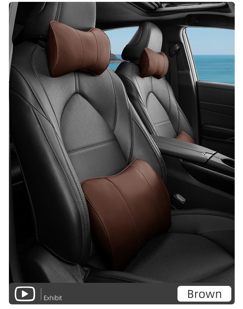 Premium Leather Fiber Car Seat Neck Pillow: Universal Headrest Lumbar Waist Cushion for All Car Models - Delicate Leather
