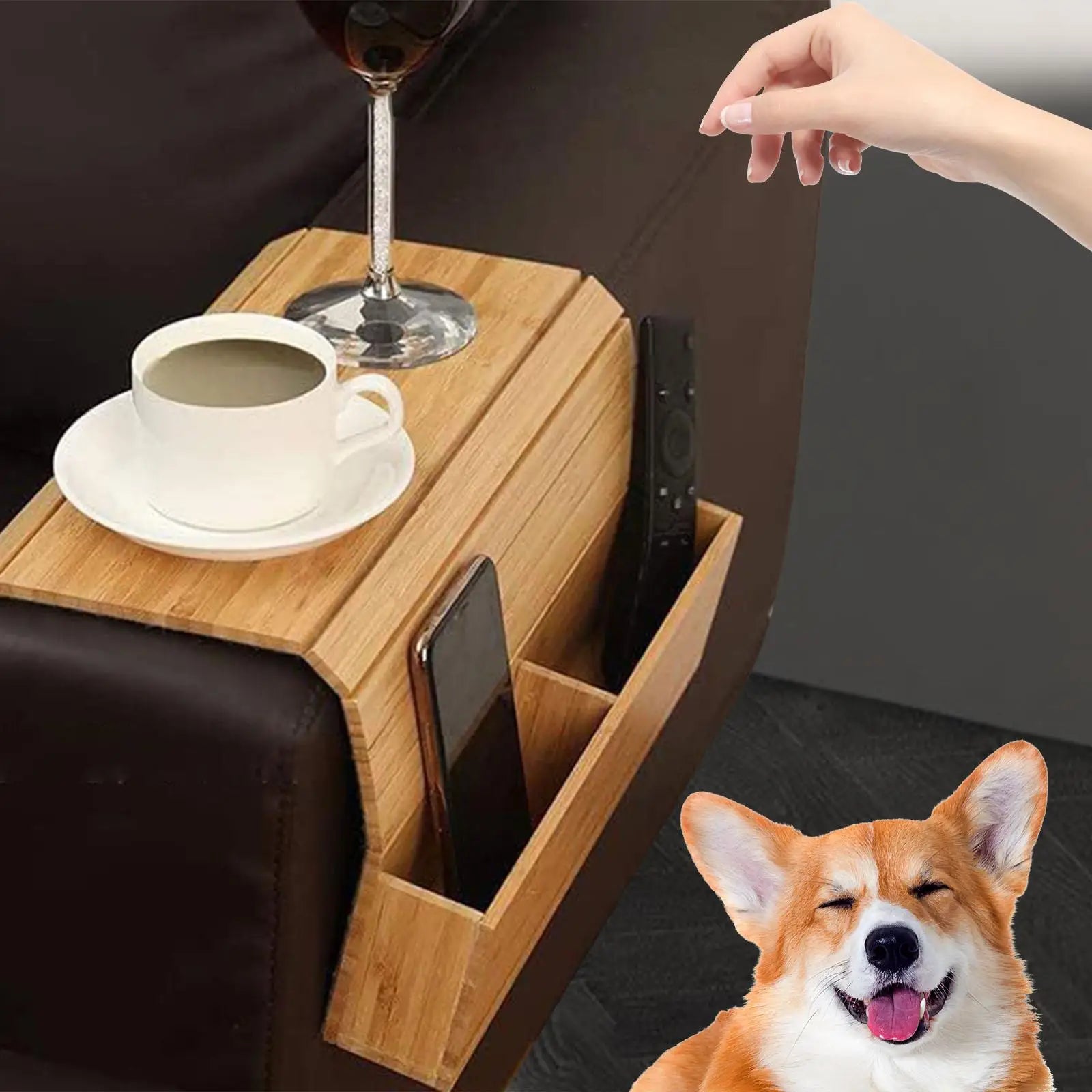 Wooden Couch Cup Holder and Sofa Armrest Organizer with Storage Bag and Cup Tray - Delicate Leather