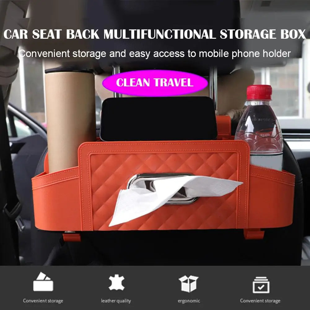 Car Storage Box - Multi-Functional Backseat Organizer with Tissue Box, Cell Phone Holder, and Cup Holder, Custom Fit For Your Cars, Car Accessories - Delicate Leather