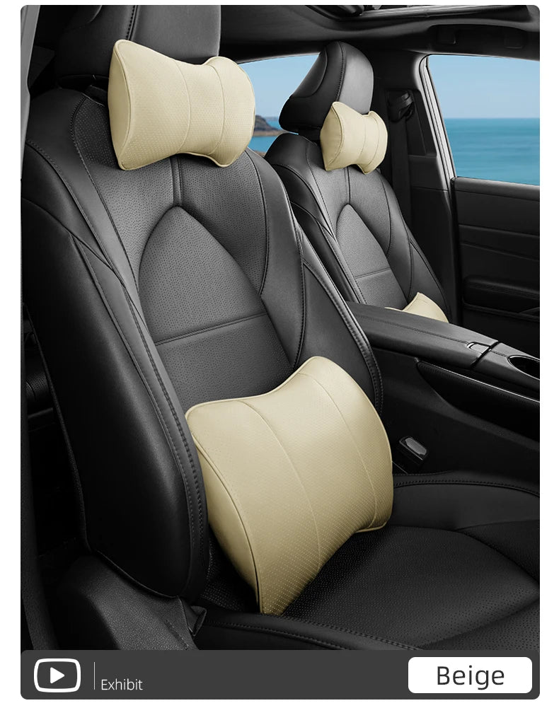 Premium Leather Fiber Car Seat Neck Pillow: Universal Headrest Lumbar Waist Cushion for All Car Models - Delicate Leather