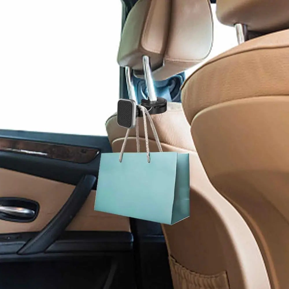 Car Headrest Hook with Magnetic Phone Holder - 360 Degree Rotating Car Rear Seat Phone Bracket and Purse Bag Hooks - Delicate Leather