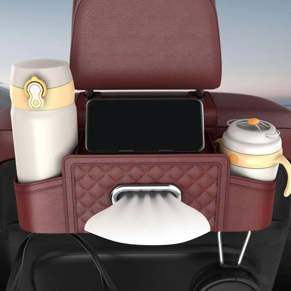 Car Storage Box - Multi-Functional Backseat Organizer with Tissue Box, Cell Phone Holder, and Cup Holder, Custom Fit For Your Cars, Car Accessories - Delicate Leather