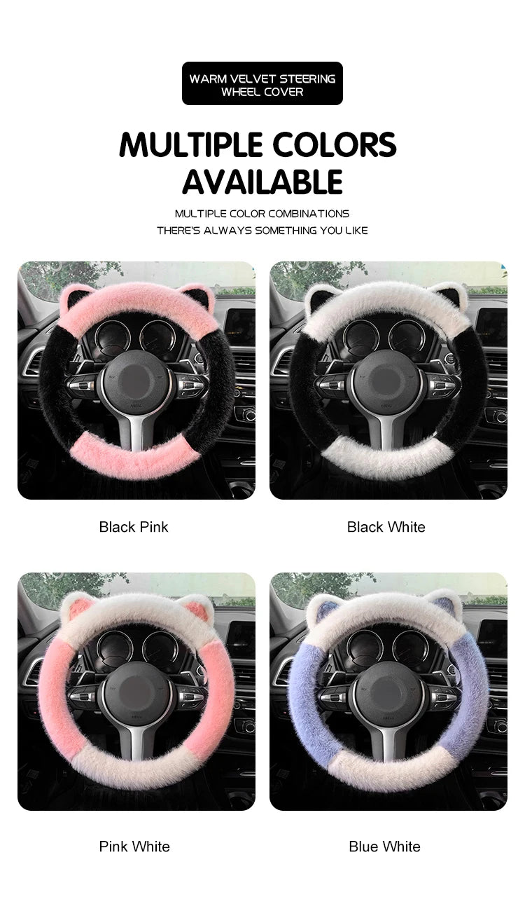 Winter Plush Soft Short Hair Car Steering Wheel Cover - High Density Cute Decoration Steering Wheel Anti Slip Protection Cover - Delicate Leather