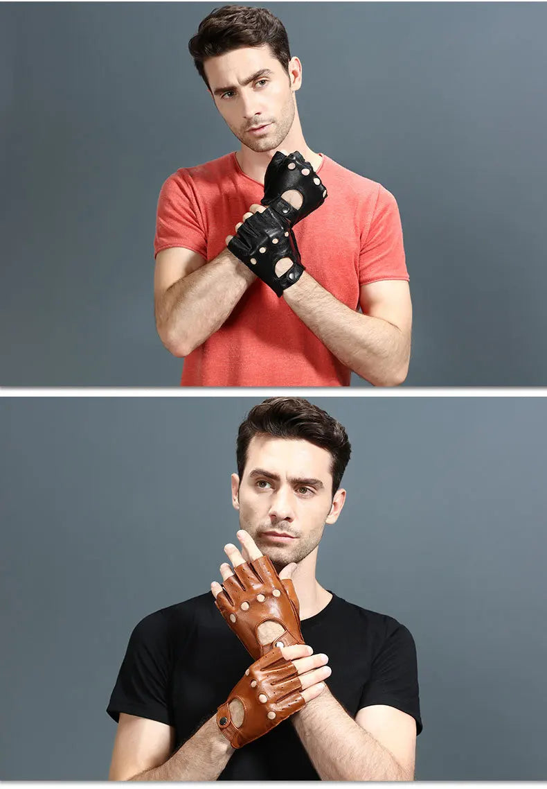 Leather Half Finger Gloves - Men's Fitness, Thin Sports, Non-slip Driving, Motorcycle, Bike, Goatskin Gloves - Delicate Leather