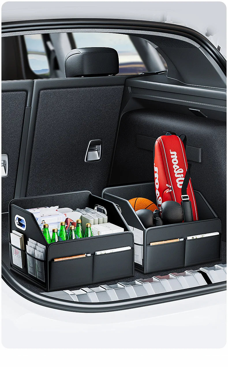 Car Trunk Organizer Storage Box - PU Leather Folding Collapsible Cargo Boot Organizer - Delicate Leather