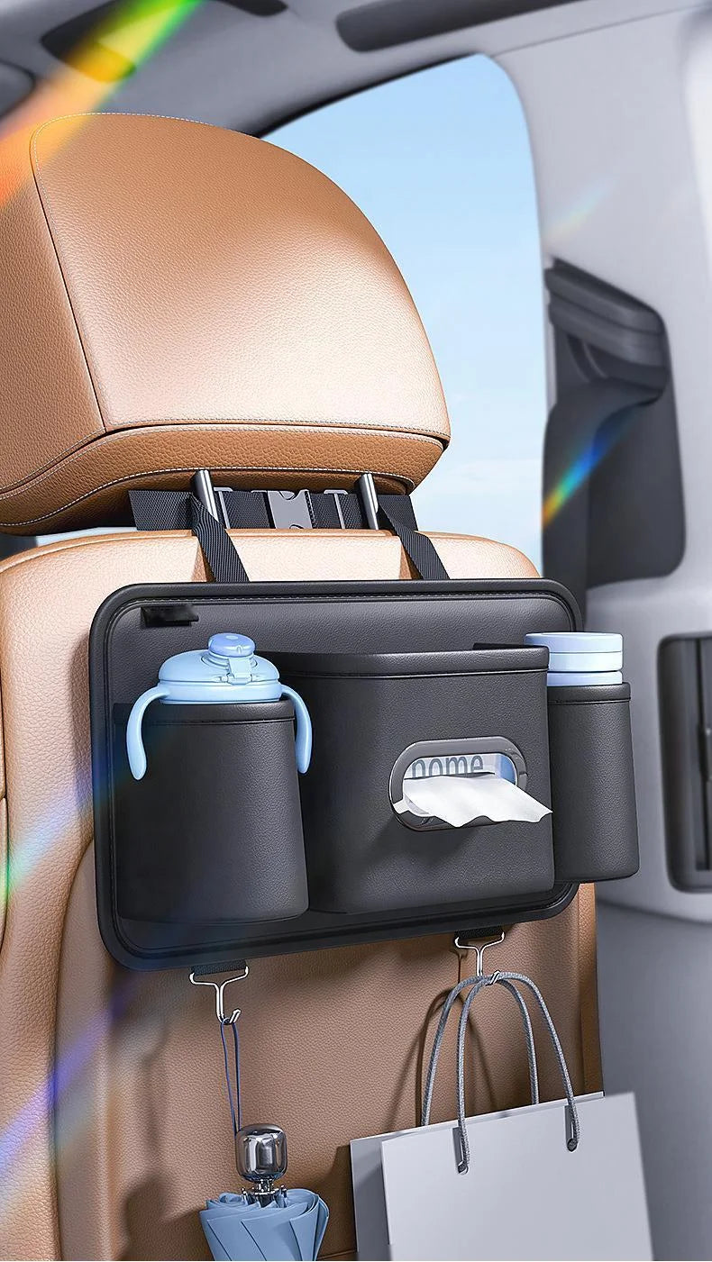 Luxury Leather Car Backseat Organizer with Cup Holder, Tissue Box, Seat Back Hook Hanger, Bottle Holder, and Paper Napkin Storage Bag - Universal Fit for Vehicle Headrests - Delicate Leather