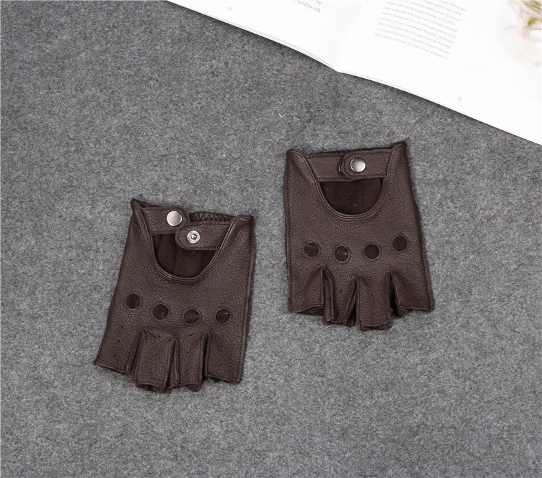 Leather Half Finger Gloves - Men's Fitness, Thin Sports, Non-slip Driving, Motorcycle, Bike, Goatskin Gloves - Delicate Leather