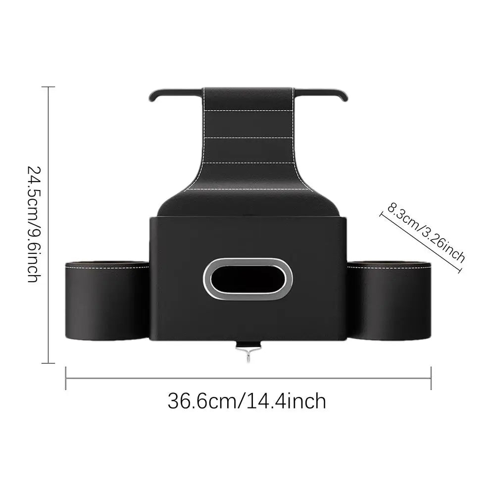Car Seat Back Tissue Box with 2 Cup Holders and Auto Headrest Hook - 3-in-1 Car Backseat Storage Box Organizer - Delicate Leather