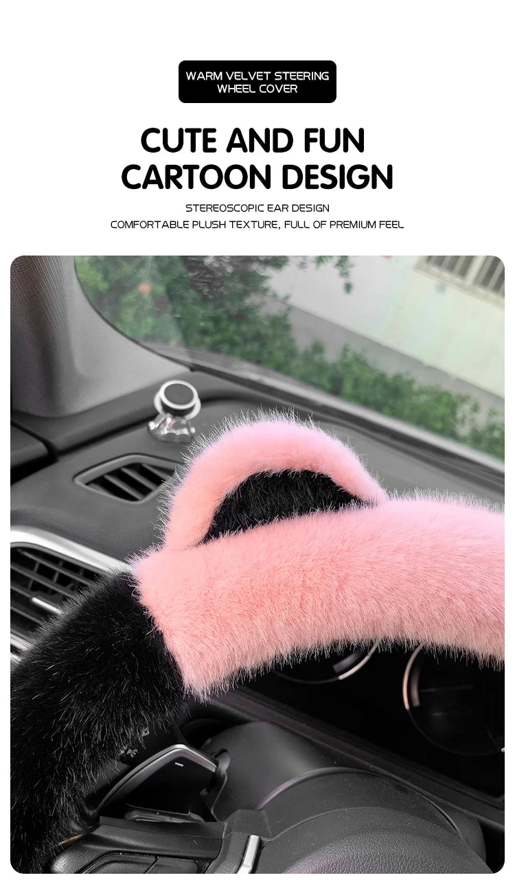 Winter Plush Soft Short Hair Car Steering Wheel Cover - High Density Cute Decoration Steering Wheel Anti Slip Protection Cover - Delicate Leather