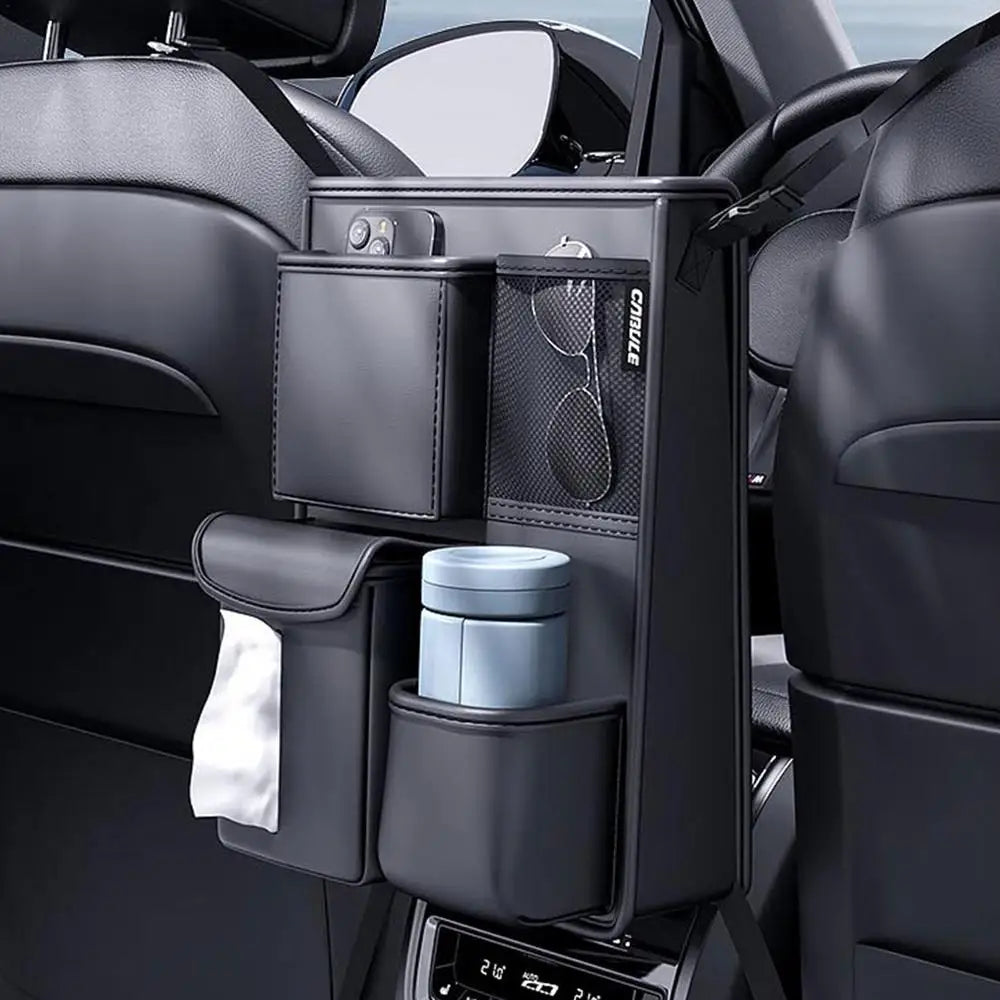 Car Front Seats Between Storage Bag - Auto Seat Back Handbag Holder and Tissue Box with Multiple Pockets - Delicate Leather