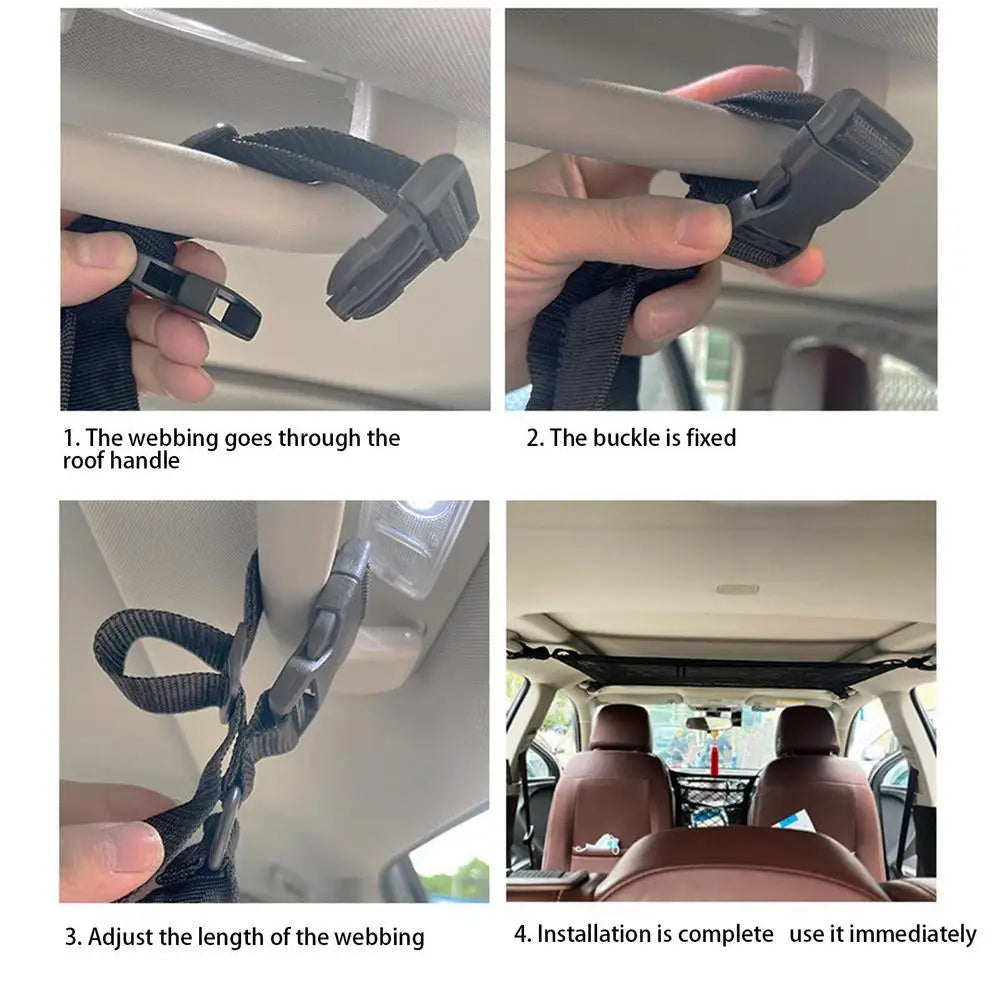 Car Ceiling Storage Net Cargo Storage for Car, Space-Saving Large Capacity Roof Luggage Net for Car RV - Delicate Leather
