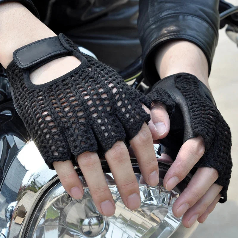 Mesh Half Finger Leather Gloves - Motorcycle Riding, Handguard, Non-slip, Breathable Driving Gloves Accessories - Delicate Leather