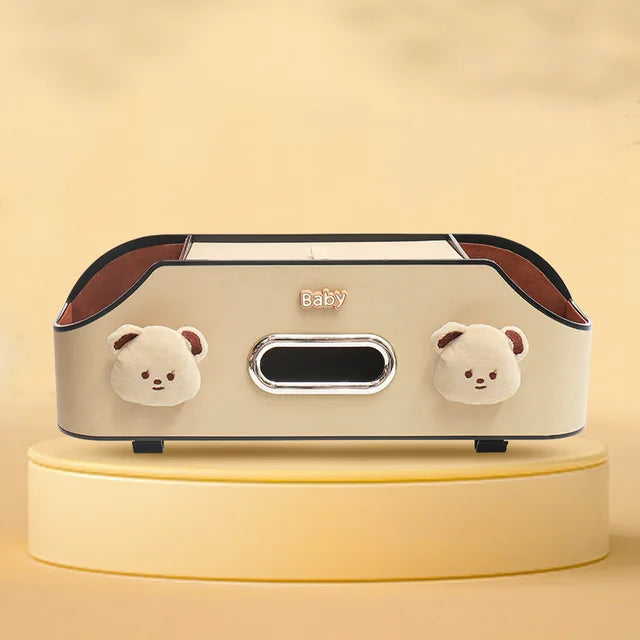 Car Seat Back Storage Rack - Cute Multifunctional Storage Box with Water Cup Holder and Tissue Box - Delicate Leather