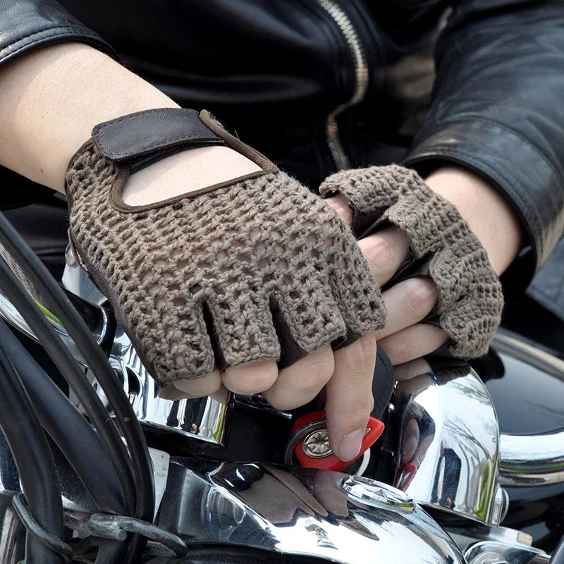 Mesh Half Finger Leather Gloves - Motorcycle Riding, Handguard, Non-slip, Breathable Driving Gloves Accessories - Delicate Leather