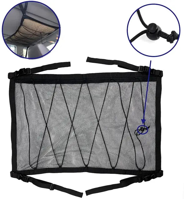 Car Roof Net Storage Bag - Adjustable Double-Layer Zipper Mesh Car Ceiling Cargo Net Pocket for Long Trips - Delicate Leather