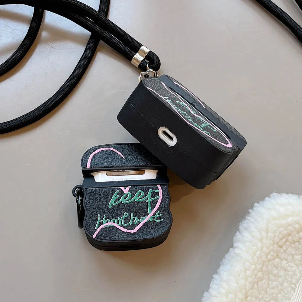 Simple Heart English Corter Leather Case For AirPods Pro 2, AirPods 3, 1 Wireless Earphone Cover with Crossbody Lanyard Rope
