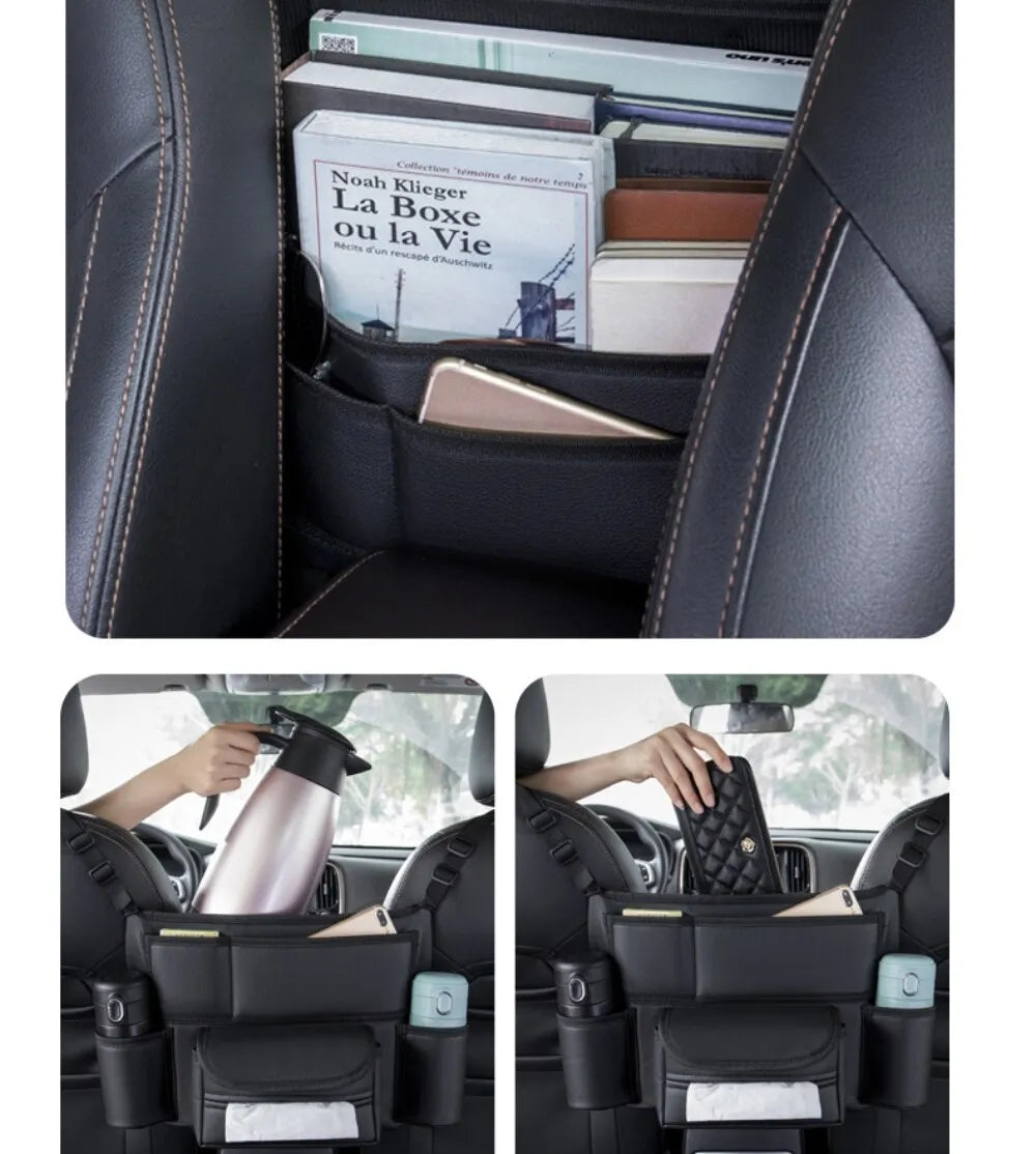 Car Seat Middle Hanger Storage Bag - Auto Handbag Holder Between Seats with Tissue and Water Cup Pockets - Interior Stowing and Tidying Solution - Delicate Leather