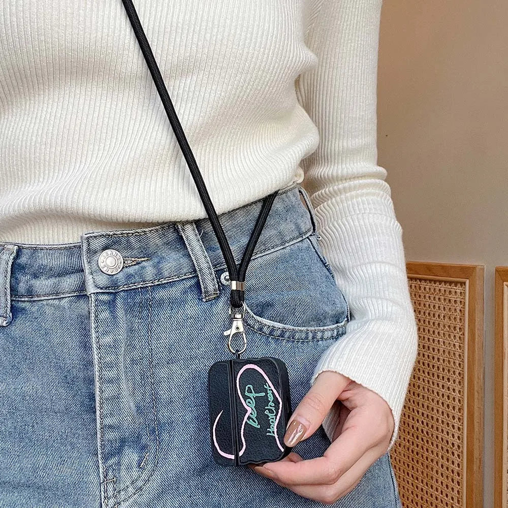 Simple Heart English Corter Leather Case For AirPods Pro 2, AirPods 3, 1 Wireless Earphone Cover with Crossbody Lanyard Rope