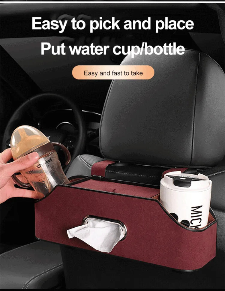 Car Multifunctional Leather Tissue Storage Box - Water Cup Holder and On-Board Seat Back Storage Bag, Custom Fit For Your Cars, Car Accessories - Delicate Leather