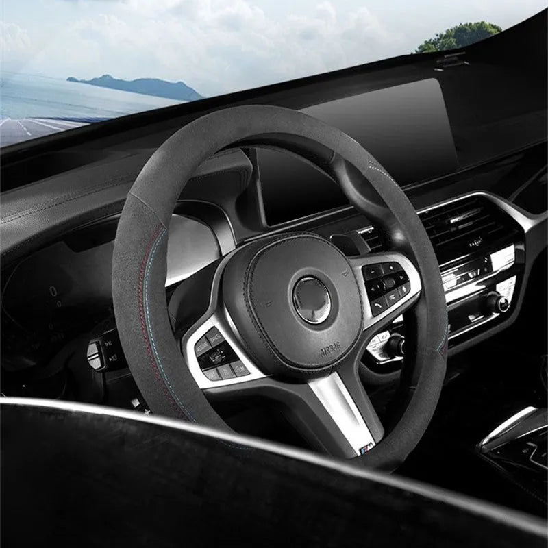 Car Steering Wheel Cover - Cowhide Suede Steering Wheel Wrap - Universal 37-38cm Breathable Steering Cover