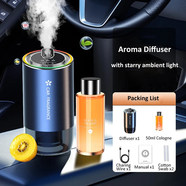 Car Aroma Diffuser with LED Starry Ambient Light - 50ml Cologne Perfume Air Freshener - Delicate Leather
