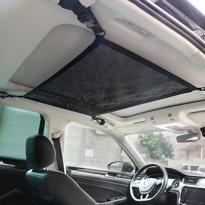 Car Roof Net Storage Bag - Adjustable Double-Layer Zipper Mesh Car Ceiling Cargo Net Pocket for Long Trips - Delicate Leather